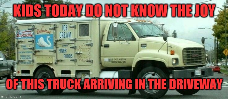 Swan truck | KIDS TODAY DO NOT KNOW THE JOY; OF THIS TRUCK ARRIVING IN THE DRIVEWAY | image tagged in swan truck,ice cream | made w/ Imgflip meme maker