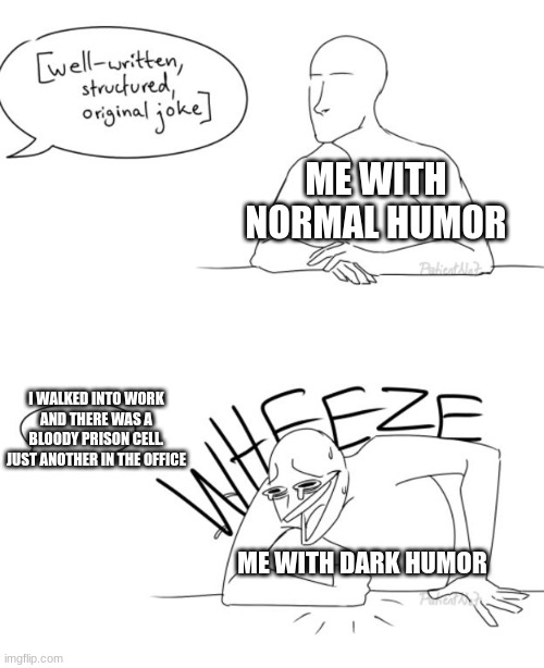 dark humor hits different | ME WITH NORMAL HUMOR; I WALKED INTO WORK AND THERE WAS A BLOODY PRISON CELL. JUST ANOTHER IN THE OFFICE; ME WITH DARK HUMOR | image tagged in wheeze | made w/ Imgflip meme maker