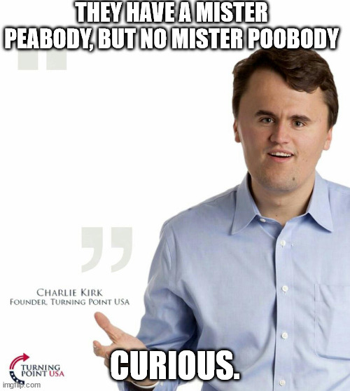 Turning point USA | THEY HAVE A MISTER PEABODY, BUT NO MISTER POOBODY; CURIOUS. | image tagged in turning point usa,ToiletPaperUSA | made w/ Imgflip meme maker