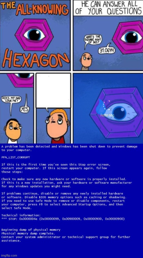 All Knowing Hexagon with BSOD | image tagged in all knowing hexagon with bsod,memes,blue screen of death | made w/ Imgflip meme maker