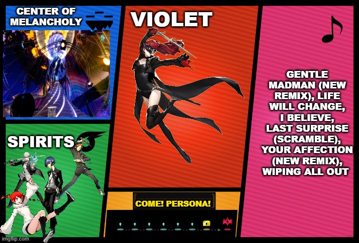 For her neutral special, she wields a sawed-off shotgun | CENTER OF MELANCHOLY; VIOLET; GENTLE MADMAN (NEW REMIX), LIFE WILL CHANGE, I BELIEVE, LAST SURPRISE (SCRAMBLE), YOUR AFFECTION (NEW REMIX), WIPING ALL OUT; SPIRITS; COME! PERSONA! | image tagged in smash ultimate dlc fighter profile,persona 5,persona 4 | made w/ Imgflip meme maker