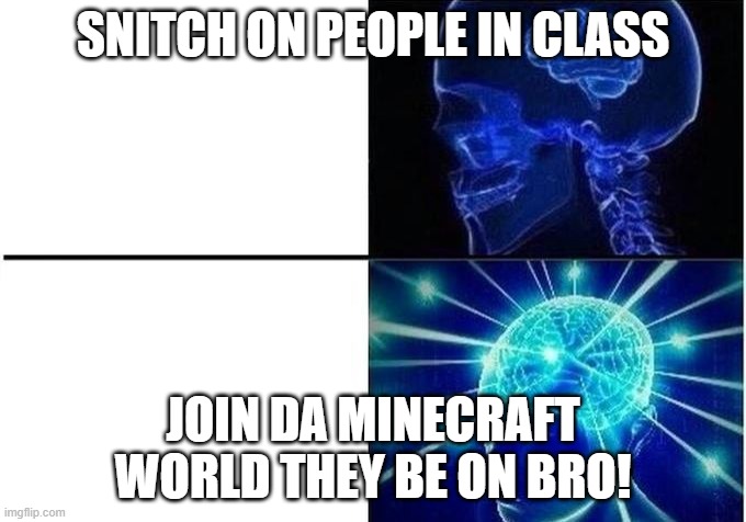 Expanding Brain Two Frames |  SNITCH ON PEOPLE IN CLASS; JOIN DA MINECRAFT WORLD THEY BE ON BRO! | image tagged in expanding brain two frames | made w/ Imgflip meme maker