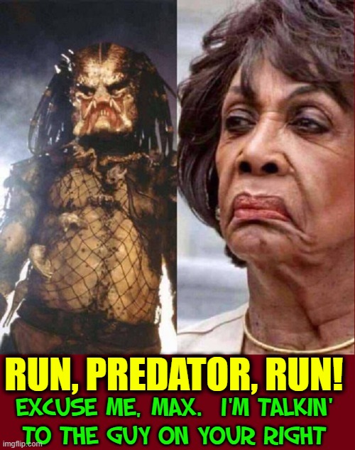 Predator Versus Zombie Queen | RUN, PREDATOR, RUN! EXCUSE ME, MAX.  I'M TALKIN'
TO THE GUY ON YOUR RIGHT | image tagged in vince vance,maxine waters,predator,memes,evil,the devil | made w/ Imgflip meme maker