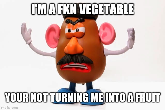Mr. Potato Head angry | I'M A FKN VEGETABLE; YOUR NOT TURNING ME INTO A FRUIT | image tagged in mr potato head angry | made w/ Imgflip meme maker