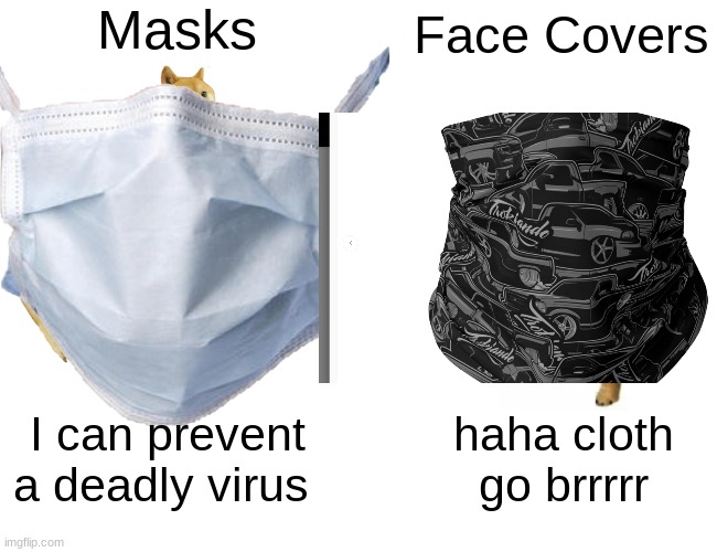 Masks; Face Covers; I can prevent a deadly virus; haha cloth go brrrrr | image tagged in face mask,coronavirus,haha brrrrrrr | made w/ Imgflip meme maker