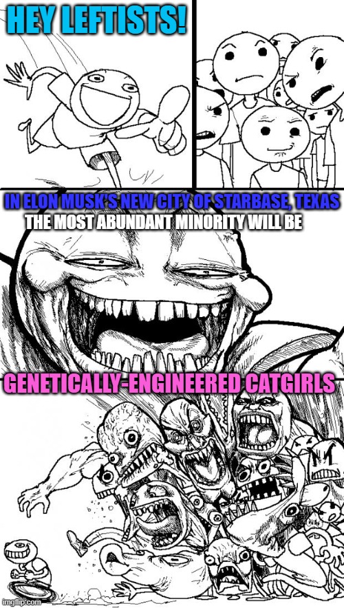 Sanctuary Kitties | HEY LEFTISTS! IN ELON MUSK'S NEW CITY OF STARBASE, TEXAS; THE MOST ABUNDANT MINORITY WILL BE; GENETICALLY-ENGINEERED CATGIRLS | image tagged in memes,hey internet,leftists,elon musk,city,girls | made w/ Imgflip meme maker