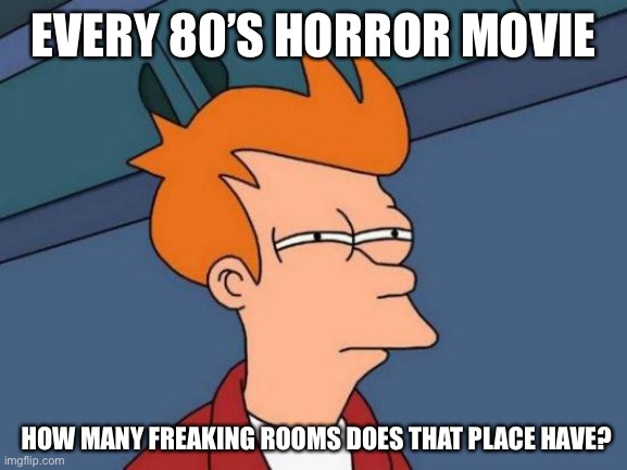 Seriously? | EVERY 80’S HORROR MOVIE; HOW MANY FREAKING ROOMS DOES THAT PLACE HAVE? | image tagged in memes,futurama fry | made w/ Imgflip meme maker