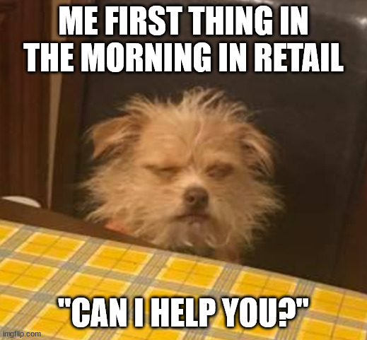Grumpy retail | ME FIRST THING IN THE MORNING IN RETAIL; "CAN I HELP YOU?" | image tagged in retail | made w/ Imgflip meme maker