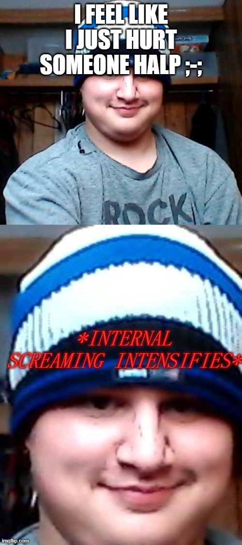 Zach w/ beanie internal screaming | I FEEL LIKE I JUST HURT SOMEONE HALP ;-; | image tagged in zach w/ beanie internal screaming | made w/ Imgflip meme maker