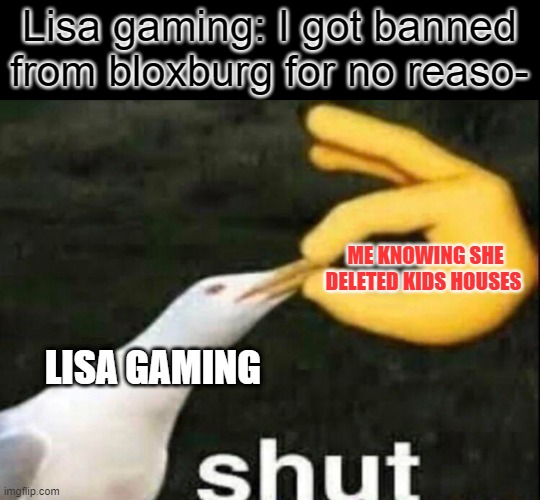 shut lisa gaming | Lisa gaming: I got banned from bloxburg for no reaso-; ME KNOWING SHE DELETED KIDS HOUSES; LISA GAMING | image tagged in shut | made w/ Imgflip meme maker