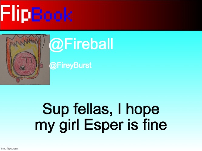 FlipBook profile | @Fireball; @FireyBurst; Sup fellas, I hope my girl Esper is fine | image tagged in flipbook profile | made w/ Imgflip meme maker