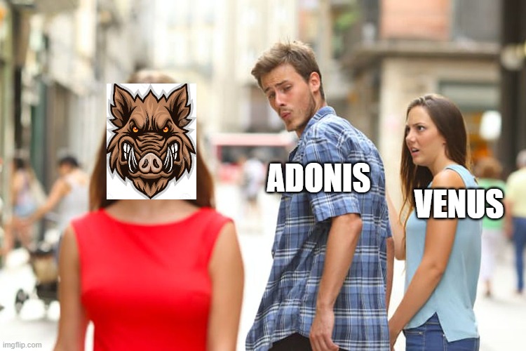 Venus and Adonis (and wild boar) | ADONIS; VENUS | image tagged in memes,distracted boyfriend | made w/ Imgflip meme maker