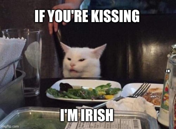 Salad cat | IF YOU'RE KISSING; J M; I'M IRISH | image tagged in salad cat | made w/ Imgflip meme maker
