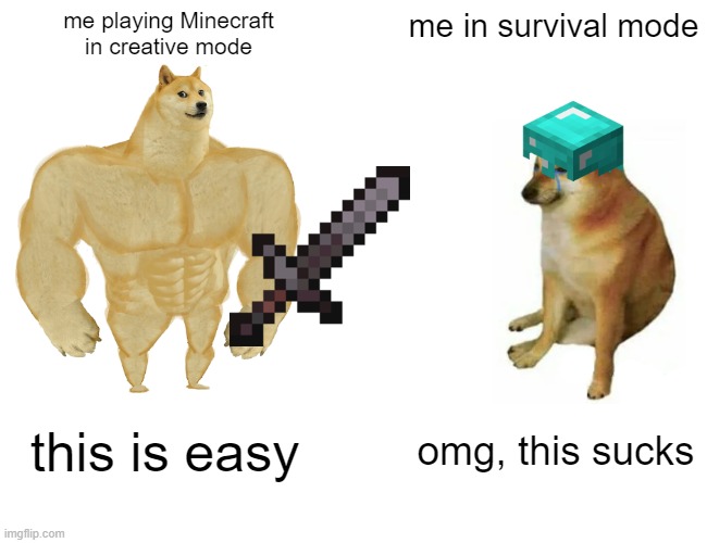 go play minecraft it will help you | me playing Minecraft
in creative mode; me in survival mode; this is easy; omg, this sucks | image tagged in memes,buff doge vs cheems | made w/ Imgflip meme maker