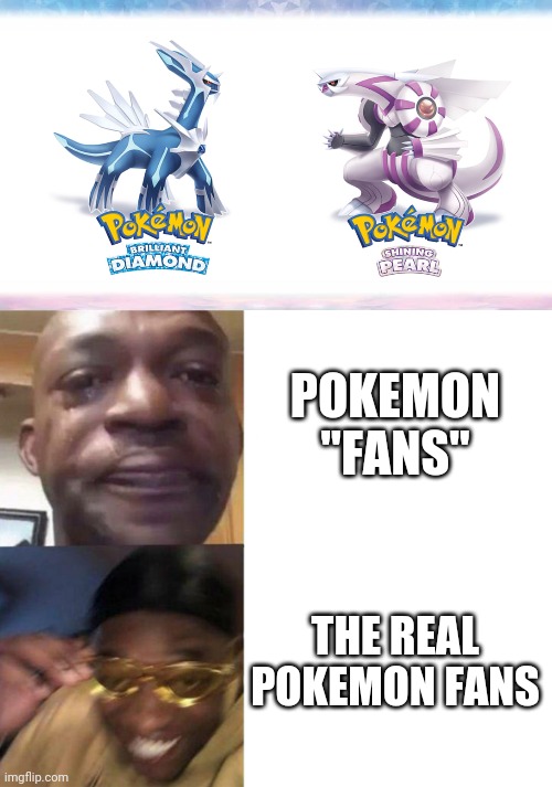 Seriously, why do they hate this? | POKEMON "FANS"; THE REAL POKEMON FANS | image tagged in black guy crying and black guy laughing,pokemon,memes,funny,remake | made w/ Imgflip meme maker