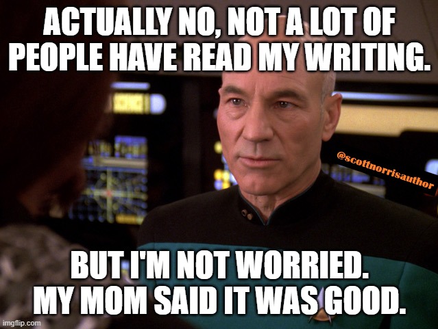 Loser Picard | ACTUALLY NO, NOT A LOT OF PEOPLE HAVE READ MY WRITING. BUT I'M NOT WORRIED. MY MOM SAID IT WAS GOOD. | image tagged in loser picard | made w/ Imgflip meme maker
