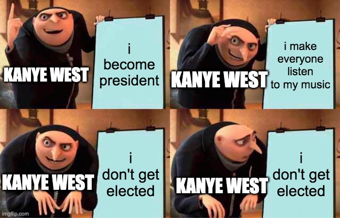 Gru's Plan | i become president; i make everyone listen to my music; KANYE WEST; KANYE WEST; i don't get elected; i don't get elected; KANYE WEST; KANYE WEST | image tagged in memes,gru's plan | made w/ Imgflip meme maker