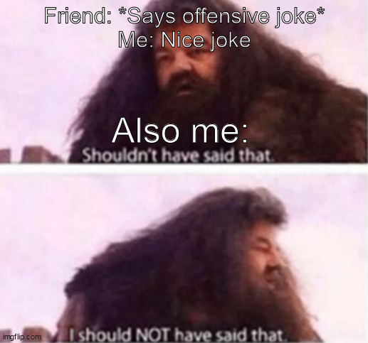 Accidents happen |  Friend: *Says offensive joke*
Me: Nice joke; Also me: | image tagged in shouldn't have said that,offensive,jokes,regret,regrets | made w/ Imgflip meme maker