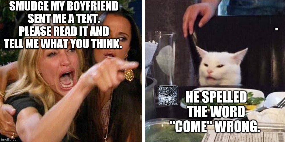 Smudge the cat | SMUDGE MY BOYFRIEND SENT ME A TEXT. PLEASE READ IT AND TELL ME WHAT YOU THINK. J M; HE SPELLED THE WORD "COME" WRONG. | image tagged in smudge the cat | made w/ Imgflip meme maker
