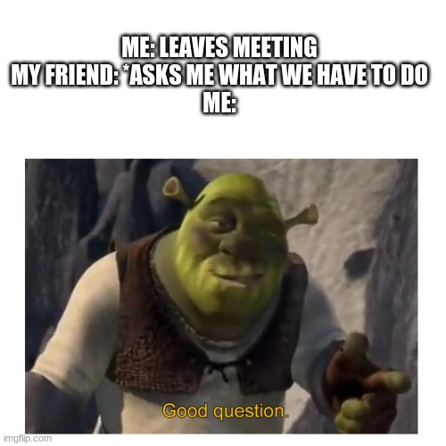 Good Question Shrek | ME: LEAVES MEETING
MY FRIEND: *ASKS ME WHAT WE HAVE TO DO
ME: | image tagged in good question shrek | made w/ Imgflip meme maker