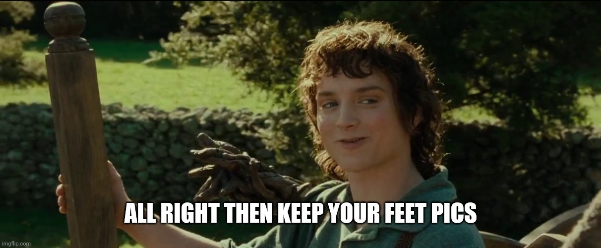 All right keep your feet pics then | ALL RIGHT THEN KEEP YOUR FEET PICS | image tagged in reaction,reactions,feet,shitpost,frodo,lord of the rings | made w/ Imgflip meme maker