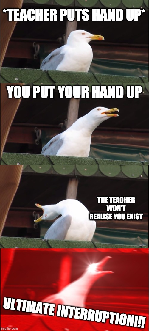 Inhaling Seagull | *TEACHER PUTS HAND UP*; YOU PUT YOUR HAND UP; THE TEACHER WON'T REALISE YOU EXIST; ULTIMATE INTERRUPTION!!! | image tagged in memes,inhaling seagull | made w/ Imgflip meme maker
