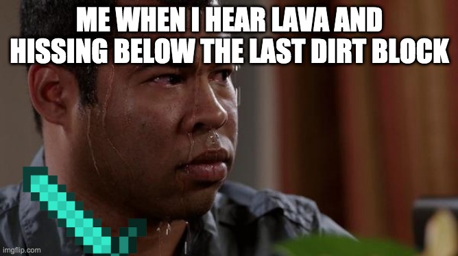 sweating bullets | ME WHEN I HEAR LAVA AND HISSING BELOW THE LAST DIRT BLOCK | image tagged in sweating bullets | made w/ Imgflip meme maker