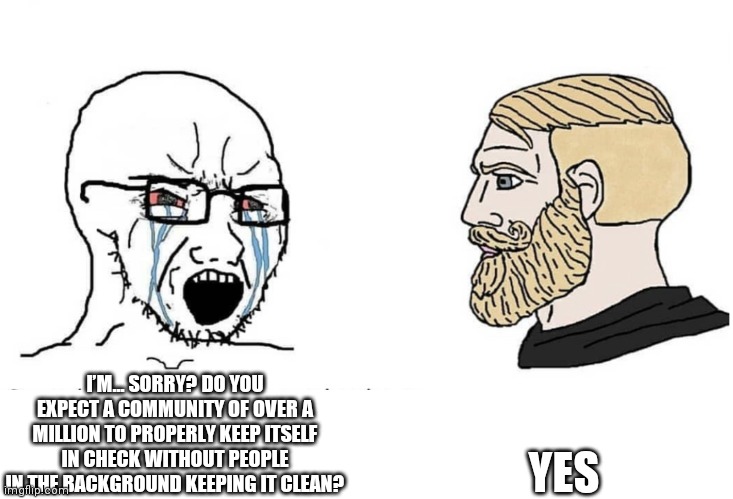 Soyboy Vs Yes Chad | YES; I’M... SORRY? DO YOU EXPECT A COMMUNITY OF OVER A MILLION TO PROPERLY KEEP ITSELF IN CHECK WITHOUT PEOPLE IN THE BACKGROUND KEEPING IT CLEAN? | image tagged in soyboy vs yes chad | made w/ Imgflip meme maker