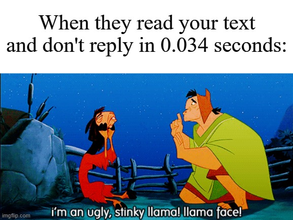 Emperors new groove llama face | When they read your text and don't reply in 0.034 seconds: | image tagged in emperors new groove llama face,memes | made w/ Imgflip meme maker