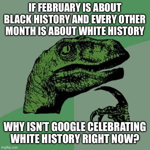 Come on guys | IF FEBRUARY IS ABOUT BLACK HISTORY AND EVERY OTHER MONTH IS ABOUT WHITE HISTORY; WHY ISN’T GOOGLE CELEBRATING WHITE HISTORY RIGHT NOW? | image tagged in memes,philosoraptor,funny,black history month | made w/ Imgflip meme maker