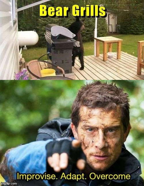 image tagged in bear grylls improvise adapt overcome,eye roll | made w/ Imgflip meme maker