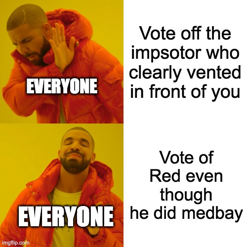 Drake Hotline Bling | Vote off the impsotor who clearly vented in front of you; EVERYONE; Vote of Red even though he did medbay; EVERYONE | image tagged in memes,drake hotline bling | made w/ Imgflip meme maker
