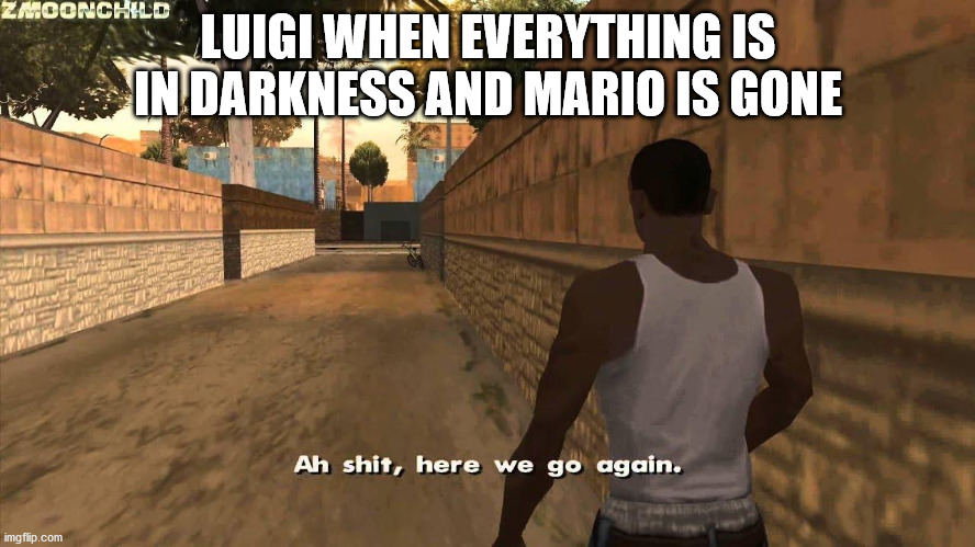 Poor weegee | LUIGI WHEN EVERYTHING IS IN DARKNESS AND MARIO IS GONE | image tagged in here we go again | made w/ Imgflip meme maker