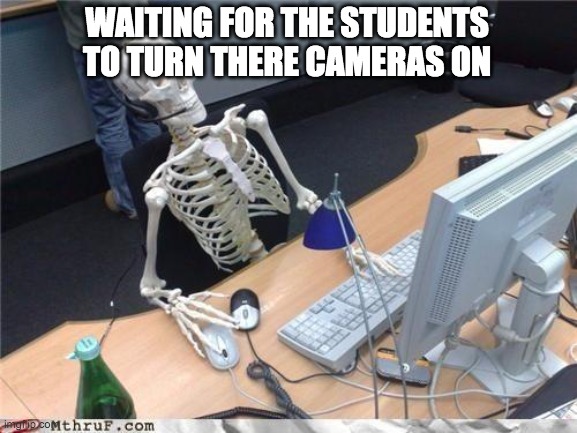 Waiting skeleton | WAITING FOR THE STUDENTS TO TURN THERE CAMERAS ON | image tagged in waiting skeleton,school | made w/ Imgflip meme maker