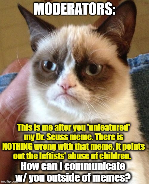 Moderators, please review my Dr. Seuss meme.  Thank you. | MODERATORS:; This is me after you 'unfeatured' my Dr. Seuss meme. There is NOTHING wrong with that meme. It points out the leftists' abuse of children. How can I communicate w/ you outside of memes? | image tagged in grumpy cat,leftists,children | made w/ Imgflip meme maker