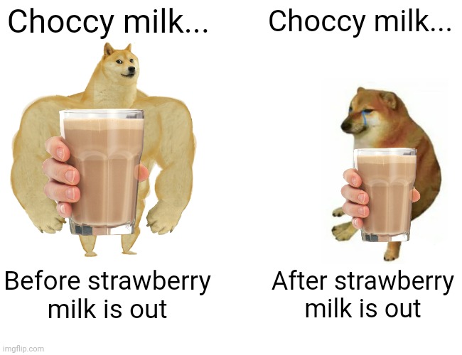 Buff Doge vs. Cheems | Choccy milk... Choccy milk... Before strawberry milk is out; After strawberry milk is out | image tagged in memes,buff doge vs cheems | made w/ Imgflip meme maker