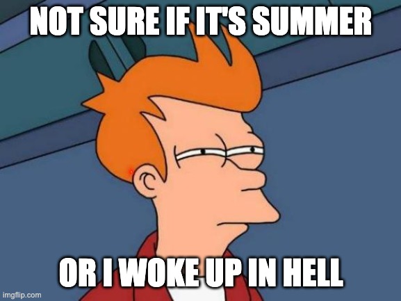 Futurama Fry Meme | NOT SURE IF IT'S SUMMER; OR I WOKE UP IN HELL | image tagged in memes,futurama fry | made w/ Imgflip meme maker