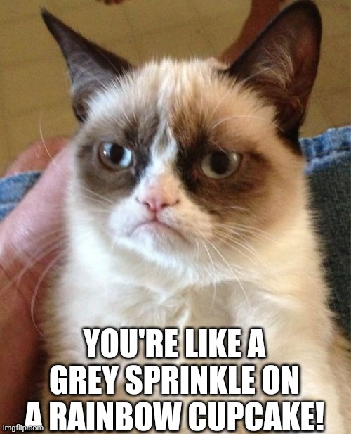 Grumpy Cat Meme | YOU'RE LIKE A GREY SPRINKLE ON A RAINBOW CUPCAKE! | image tagged in memes,grumpy cat | made w/ Imgflip meme maker