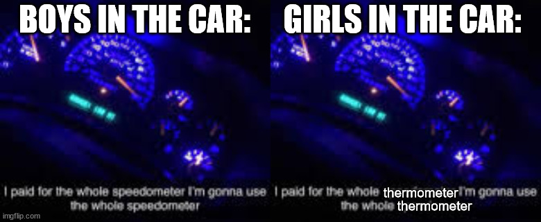 speedo-thermo | BOYS IN THE CAR:; GIRLS IN THE CAR:; thermometer; thermometer | image tagged in i paid for the whole speedometer | made w/ Imgflip meme maker