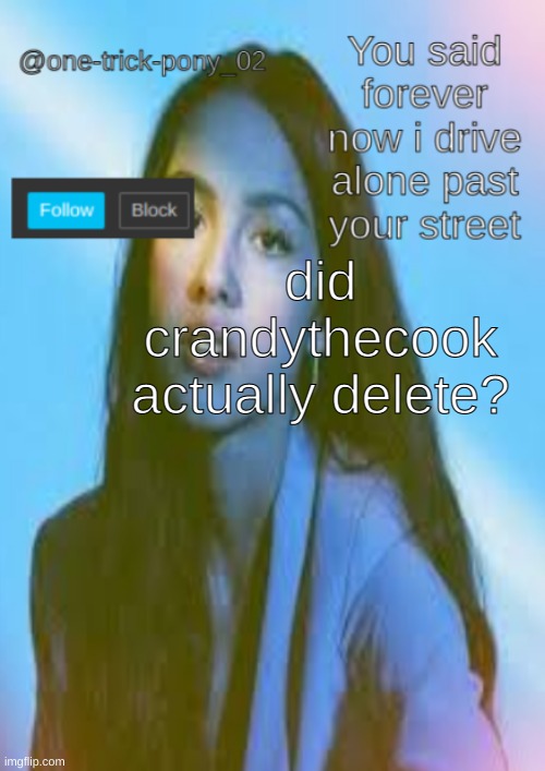 crandythecool. sorry i cant spell | did crandythecook actually delete? | image tagged in one-trick-pony template | made w/ Imgflip meme maker