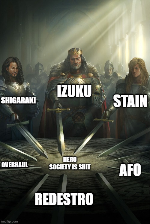 It do really be like that | IZUKU; SHIGARAKI; STAIN; HERO SOCIETY IS SHIT; OVERHAUL; AFO; REDESTRO | image tagged in swords united | made w/ Imgflip meme maker