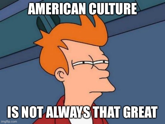 Futurama Fry Meme | AMERICAN CULTURE IS NOT ALWAYS THAT GREAT | image tagged in memes,futurama fry | made w/ Imgflip meme maker