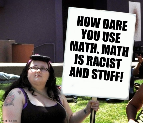sjw with sign | HOW DARE YOU USE MATH. MATH IS RACIST AND STUFF! | image tagged in sjw with sign | made w/ Imgflip meme maker