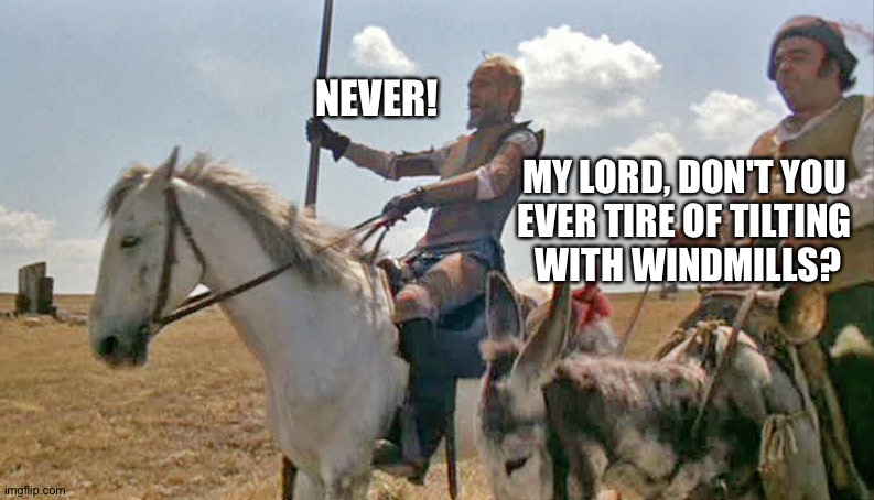 Don Quixote & Sancho | NEVER! MY LORD, DON'T YOU 
EVER TIRE OF TILTING 
WITH WINDMILLS? | image tagged in don quixote sancho | made w/ Imgflip meme maker