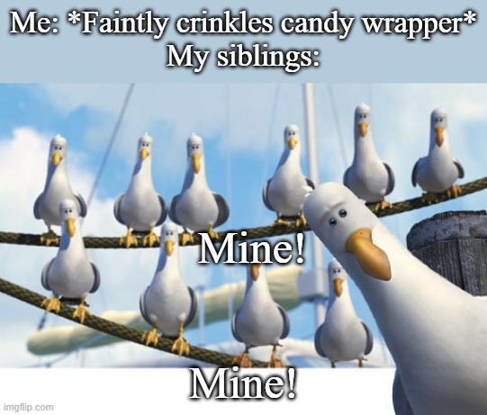 Finding Nemo Seagulls | Me: *Faintly crinkles candy wrapper*
My siblings:; Mine! Mine! | image tagged in finding nemo seagulls | made w/ Imgflip meme maker