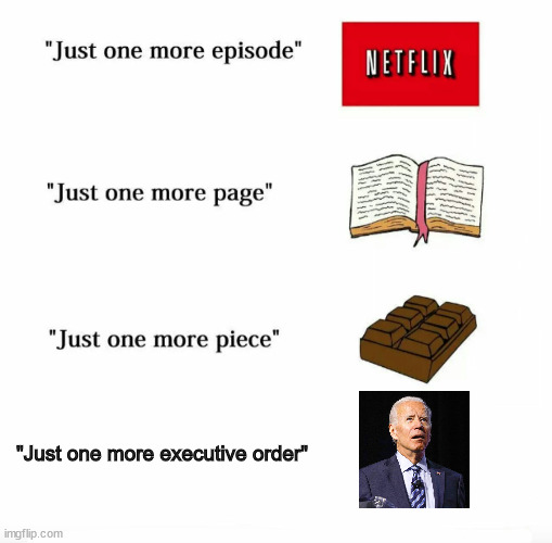 This meme is too old, but so is Joe Biden. | "Just one more executive order" | image tagged in just one more | made w/ Imgflip meme maker