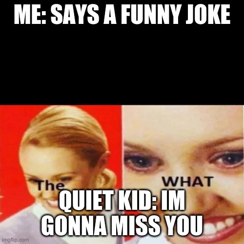lol | ME: SAYS A FUNNY JOKE; QUIET KID: IM GONNA MISS YOU | image tagged in the what | made w/ Imgflip meme maker