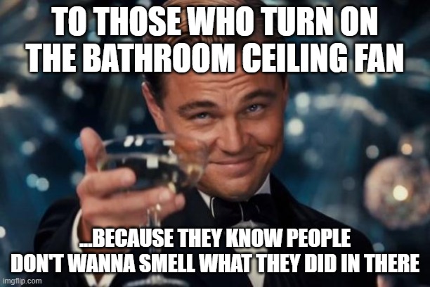 *GAG* | TO THOSE WHO TURN ON THE BATHROOM CEILING FAN; ...BECAUSE THEY KNOW PEOPLE DON'T WANNA SMELL WHAT THEY DID IN THERE | image tagged in memes,leonardo dicaprio cheers,bathroom,stinks | made w/ Imgflip meme maker