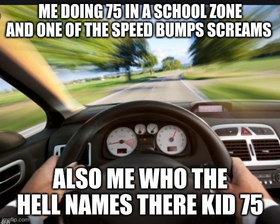 who the hell names their kid 75 | ME DOING 75 IN A SCHOOL ZONE AND ONE OF THE SPEED BUMPS SCREAMS; ALSO ME WHO THE HELL NAMES THERE KID 75 | image tagged in funny memes | made w/ Imgflip meme maker
