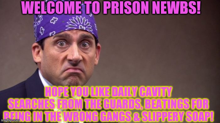 Prison Mike tries to scare new prisoners! | WELCOME TO PRISON NEWBS! HOPE YOU LIKE DAILY CAVITY SEARCHES FROM THE GUARDS, BEATINGS FOR BEING IN THE WRONG GANGS & SLIPPERY SOAP! | image tagged in prison mike,prison,dont drop the soap,gangs | made w/ Imgflip meme maker
